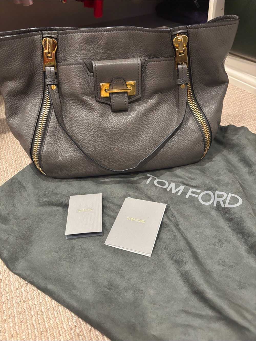 Tom Ford Gray Pebbled Leather Tote with Gold Hardware